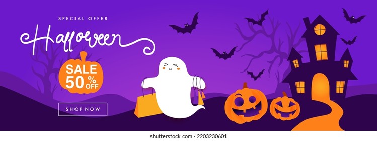 Halloween Sales Promotion Banner Template Ideas Or Party Invitation Background. Holiday Festival Website Spooky Design With Pumpkin, Bats, Haunted House Ghost, Lettering Font Text. Place For Text.