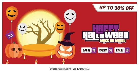 Halloween sales promotion with product display podium. Halloween pumpkin with balloons and shopping bags. Halloween Party concept. Flat vector illustration.