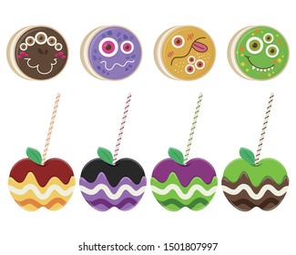 Halloween sandwich cookies and halloween candy apples vector illustration isolated on white background. Set of halloween sweets and candies.