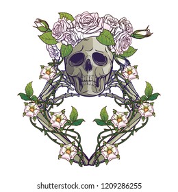 Halloween Santa Muerte. Human skull in a rose wreath and hand bones in dog-rose garlands. Mystical character. Tattoo design. Isolated on white background. EPS10 vector illustration