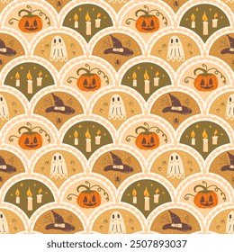 Halloween scallop seamless pattern. Jack O Lantern Pumpkins, hat and ghost arch repeat background. All Hallows' Eve retro endless design. Vector hand drawn illustration.