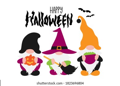 Halloween Scandinavian Gnomes in costumes. Witch, Wizard with broom, Gnome with Pumpkin Jack O Lantern. Hand drawn lettering Halloween. Bat icons. Vector illustration, isolated without background 