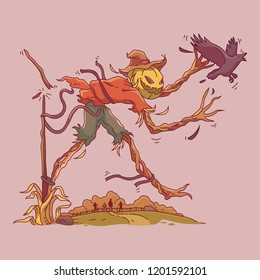 Halloween Scarecrow, bird and pumpkin. Vector illustration in a cartoon style,isolated on background. Elements for your Halloween. Vector Illustrations for Kids on Halloween.