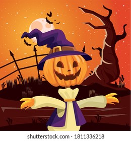 Halloween scarecrow cartoon at night design, Holiday and scary theme Vector illustration