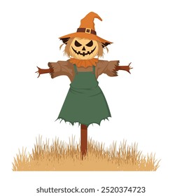 Halloween scarecrow with a carved pumpkin head, wearing a green outfit and a brown hat, Spooky outstretched arms, perfect theme for halloween