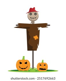 Espantapájaros de Halloween con calabazas talladas. Vector de concepto de celebración de vacaciones internacionales