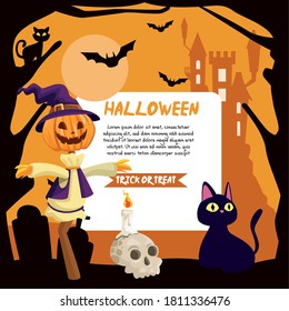 Halloween scarecrow and cat cartoons with banner design, Holiday and scary theme Vector illustration