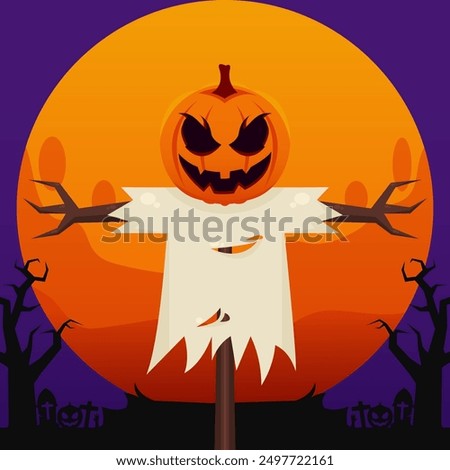 halloween scarecrow with full moon background, zombie hands, crosses on graves, spooky tree branches and trunks