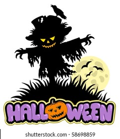 Halloween scarecrow with full moon - vector illustration.