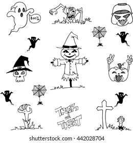 Halloween scarecrow and ghost in doodle flat black white