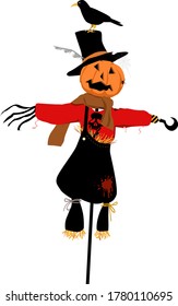 Halloween scarecrow with a Jack-o-lantern for a head, EPS 8 vector illustration