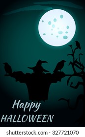 Halloween. Scarecrow on the background of the moon. Circuit tree, crows. Vector illustration.