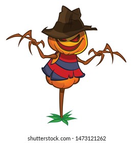 Halloween scarecrow with pumpkin head. Cartoon pumpkin monster with smiling expression