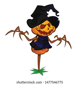 Halloween scarecrow with pumpkin head. Cartoon pumpkin monster with smiling expression