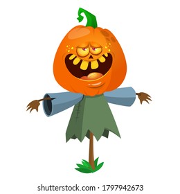 Halloween scarecrow with pumpkin head. Cartoon pumpkin monster with smiling expression. Jack-o-lantern