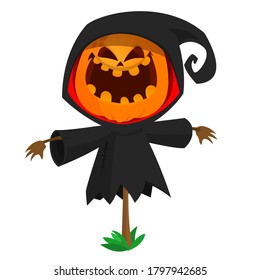 Halloween scarecrow with pumpkin head. Cartoon pumpkin monster with smiling expression. Jack-o-lantern