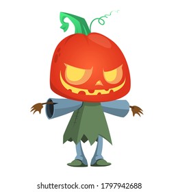 Halloween scarecrow with pumpkin head. Cartoon pumpkin monster with smiling expression. Jack-o-lantern