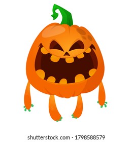 Halloween scarecrow with pumpkin head. Cartoon pumpkin monster with smiling expression. Jack-o-lantern