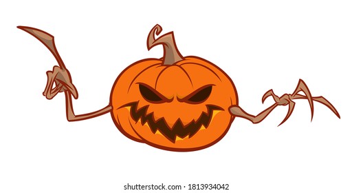 Halloween scarecrow with pumpkin head illustration. Vector cartoon carved jack-o-lantern isolated