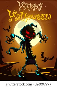 Halloween scarecrow with pumpkin head silhouette. Halloween vector background. Poster design