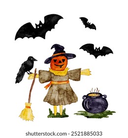 Halloween scarecrow with pumpkin head stands next to a cauldron and a broom cut out from background