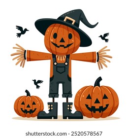 A Halloween scarecrow with pumpkin head. Vector illustration isolated on a white background.