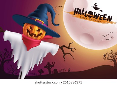 Diseño de Vector de calabaza de espantapájaros de Halloween. Truco de Halloween o texto de trato con calabaza de miedo en traje de espantapájaros para el fondo de la tarjeta de felicitación espeluznante del horror. Ilustración vectorial espeluznante diseño nocturno. 
