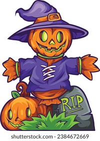 HALLOWEEN SCARECROW AND PUMPKINS ARTWORK VECTOR, Jack O Lantern pumpkin cartoon character.