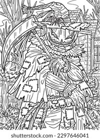 Halloween Scarecrow Scythe Adults Coloring Page