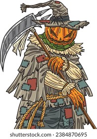 Halloween Scarecrow with a Scythe Cartoon Clipart 