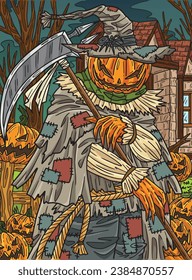 Halloween Scarecrow with a Scythe Colored Cartoon 