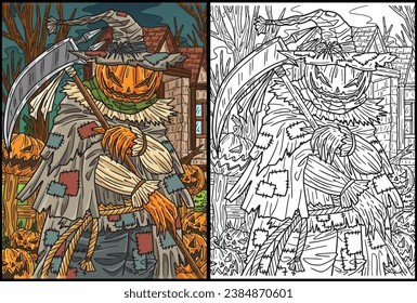 Halloween Scarecrow Scythe Coloring Illustration