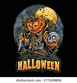 HALLOWEEN SCARECROW, SKULL HEAD AND PUMPKINS ARTWORK VECTOR