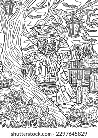 Halloween Scarecrow Standing Adults Coloring Page