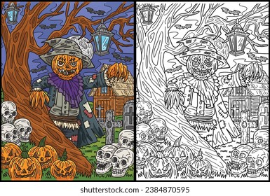 Halloween Scarecrow Standing Coloring Illustration