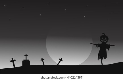 Halloween scarecrow in tomb vector art illustration