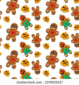 Halloween scarecrow vector pattern. Cartoon style. Kawaii character. Trick or treat. Cute symbols of the holiday. Funny illustration. For fabrics, textiles, cards, backgrounds and wrapping papers.