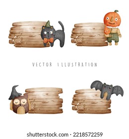 halloween scarecrow with wooden sign, vector illustration