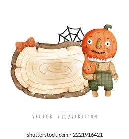 halloween scarecrow with wooden sign, vector illustration
