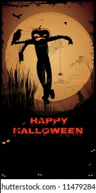 Halloween Scarecrow/Night with full moon,scarecrow, crow,Happy Halloween text and copy-space