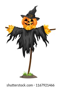 A halloween Scarecrows with a Jack O Lantern head.
