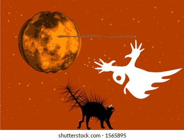 Halloween. Scared cat and ghost. Pumpkin moon. Halloween third encounter. Halloween postcard.