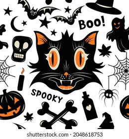 Halloween Scaredy Cat Hand Drawn Pattern With Skull And Bats And Pumpkin