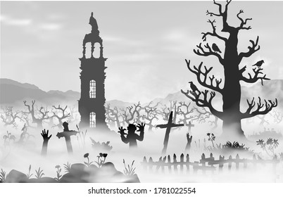 Halloween scareful landscape with trees, spooky branches, old church, graveyard objects, fence, zombies and hands of undeads. Black and whte simple hand drawn vector silhouettes.