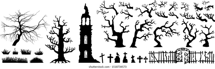 Halloween scareful trees, spooky branches, old church, graveyard objects, fence and gates. Black and whte simple hand drawn vector silhouettes.