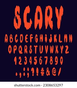 Halloween scary alphabet. Font collection with numbers and punctuation marks. Decorative display typography. Vector illustration isolated on dark blue background