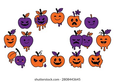 Halloween scary apples set. monster face fruit. spooky food design collection. creepy pumpkin-like apples in circle pattern.