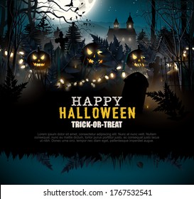 Halloween scary background with old church and cemetery with party lights in the woods. Place for your text