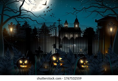 Halloween scary background with old church and cemetery in the woods