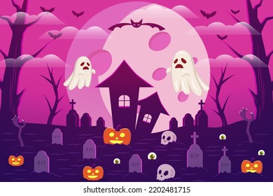 halloween scary background with pumpkin, tombstones, skulls, and ghost
